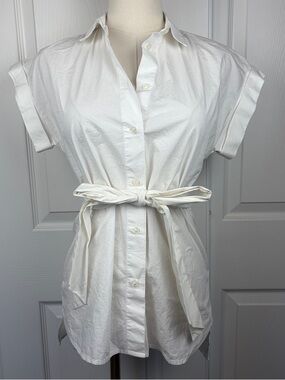 J. Crew White Short-Sleeve Button-Down with Tie Waist